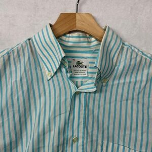 Lacoste Mens Short Sleeve Button Down Shirt Aqua Blue White Stripe Size 40